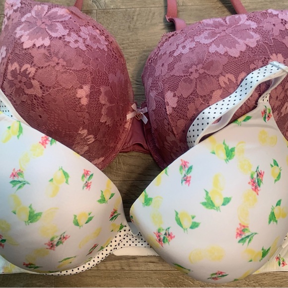 Victoria Secret Bundle 2 Bras Lace Perfect Shape Lemon Print Push Up - Picture 2 of 13